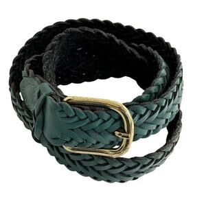 Vintage Argentina Capezio M/L Green Braided /Woven Leather Belt Gold Tone Buckle